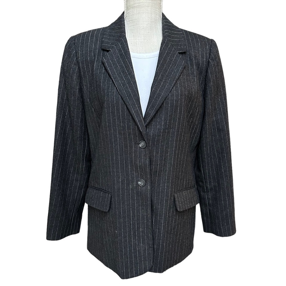 Talbots Womens Charcoal Grey Vintage Pinstripe Wool Two Button Blazer Size 12